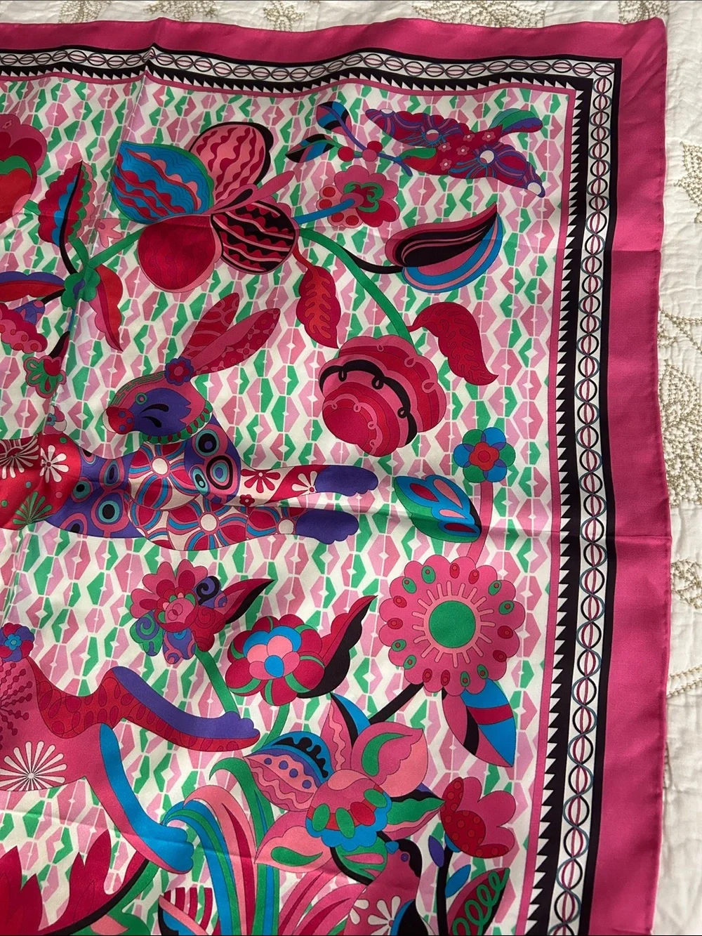 Vintage JimThompson Pink Silk Scarf Multicolor Botanical Square Scarf
